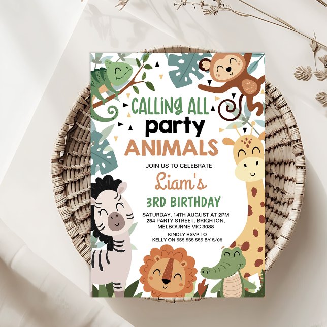 Invitation Garçon Brown vert appeler tous les animaux de fête (Calling All Party Animals  Birthday Invitation Template Boy, Safari Birthday Invitation, Jungle )