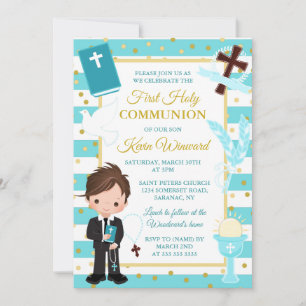 Invitation Garçon brunette à rayure bleue Première communion