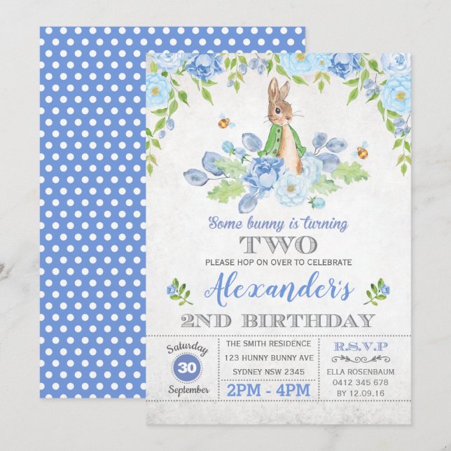 Invitation Garçon Bunny 2e fête d'anniversaire Jardin Bleu Fl (Devant / Derrière)