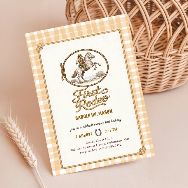 Invitation Garçon Carreaux Gingham Cowboy Premier Rodéo 1er A (Créateur téléchargé)