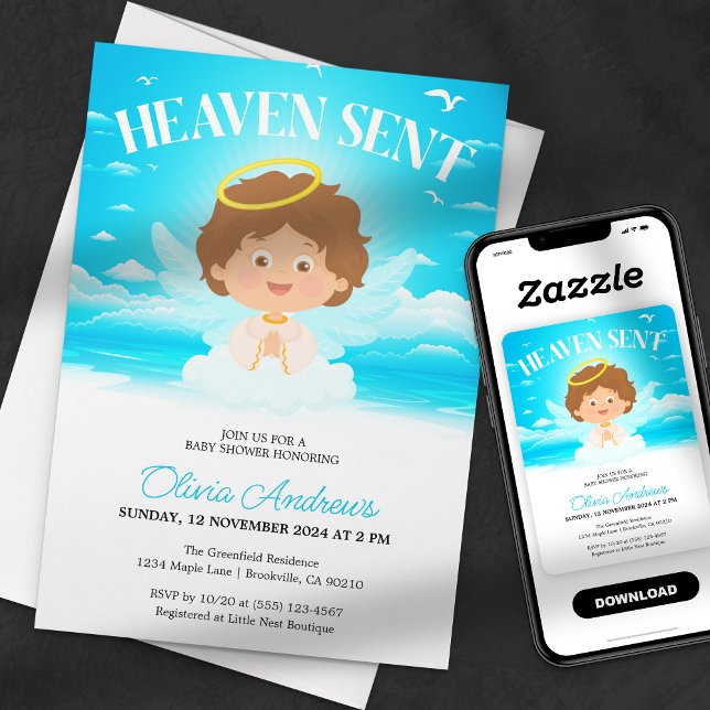 Invitation Garçon Céleste Envoyé Ange Mignon Fête de Naissanc (Créateur téléchargé)