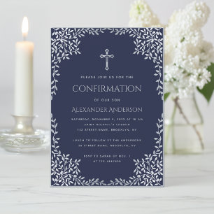 Invitation Garçon Confirmation Bleu Marine Feuilles Argentées
