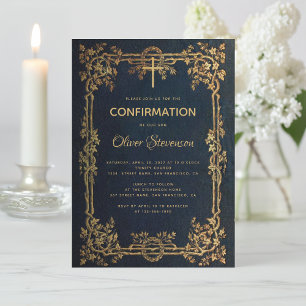 Invitation Garçon Confirmation Bleu Or Feuilles & Croix Vinta