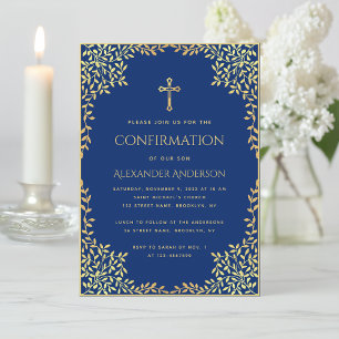 Invitation Garçon Confirmation Bleu Royal Faux Feuilles D'or 