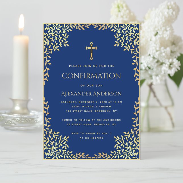 Invitation Garçon Confirmation Bleu Royal Faux Feuilles D'or  (Créateur téléchargé)