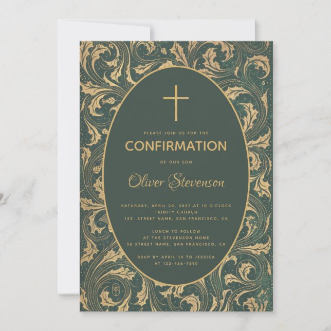 Invitation Garçon Confirmation Croix Chardon Or Élégant Vert (Devant)