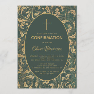 Invitation Garçon Confirmation Croix Chardon Or Élégant Vert