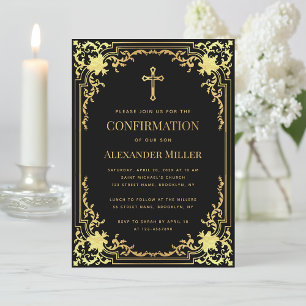 Invitation Garçon Confirmation Noir Faux Or Élégant Vintage