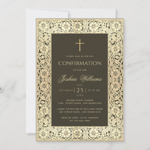 Invitation Garçon Confirmation Or Noir Élégant Floral Vintage