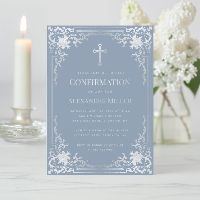 Invitation Garçon Confirmation Poussiéreux Bleu Faux Argent R (Créateur téléchargé)
