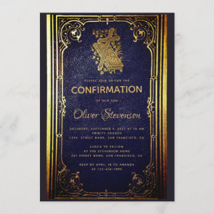 Invitation Garçon Confirmation Vintage Bleu Or Livre Élégant
