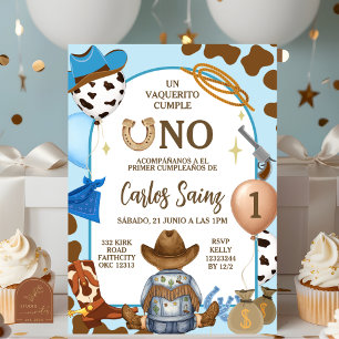 Invitation Garçon Cowboy Bleu Espagnol Premier Anniversaire