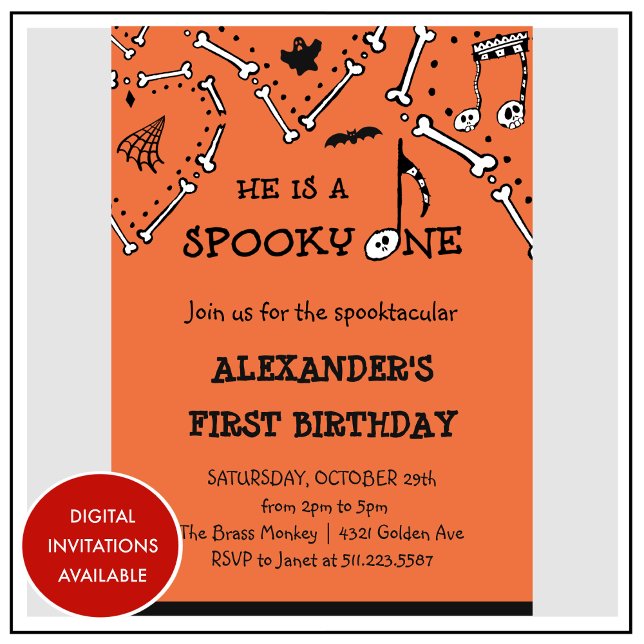 Invitation Garçon Crâne Orange Effrayant un anniversaire Hall (Halloween-1st-birthday-Invitation-Boy-Orange-Skull-Spooky-one-1)