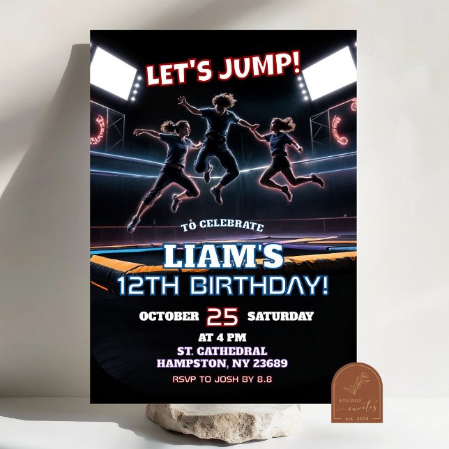 Invitation Garçon d'anniversaire au parc de trampoline Neon (Créateur téléchargé)