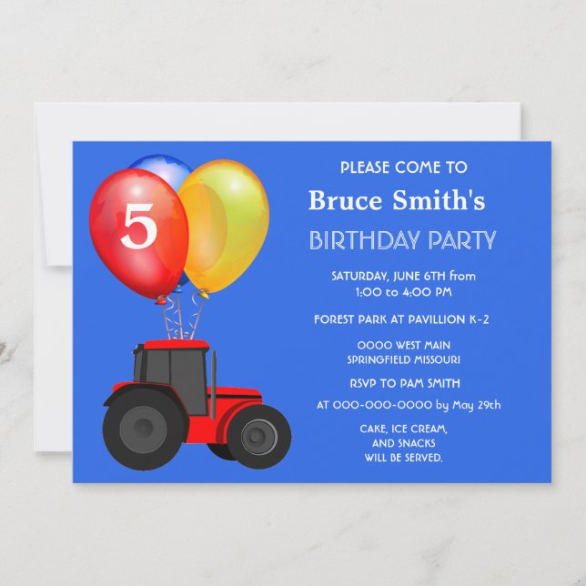 Invitation Garçon d'anniversaire Tracteur rouge et Ballons  (Devant)