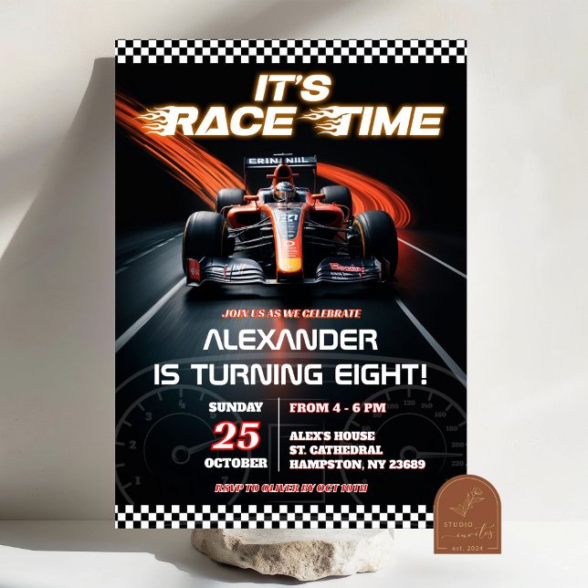 Invitation Garçon d'anniversaire voiture de course rouge F1 (Créateur téléchargé)