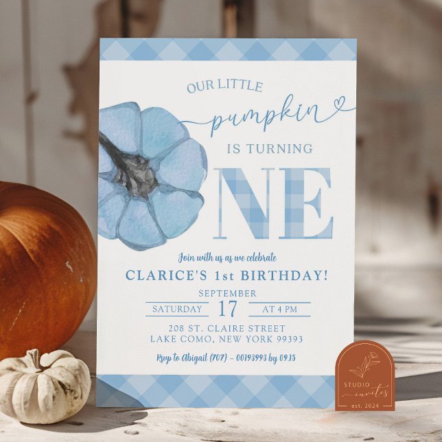 Invitation Garçon de 1 an anniversaire Blue Gingham Preppy Pu (Créateur téléchargé)