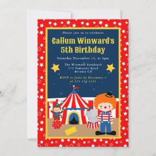 Invitation Garçon de cirque mignon clown enfants anniversaire