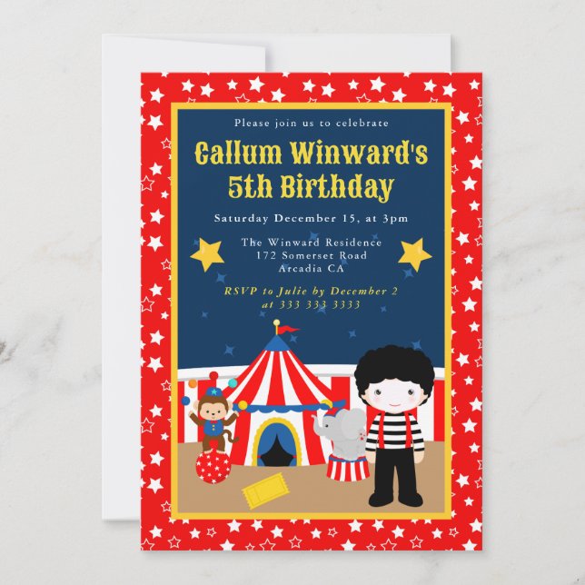 Invitation Garçon de cirque mignon mime anniversaire des enfa (Devant)