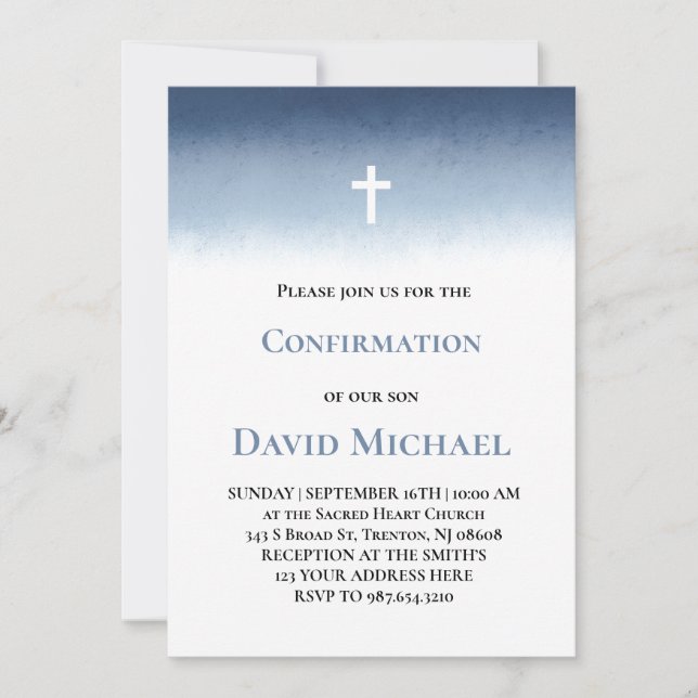 Invitation garçon de confirmation à l'aquarelle bleue (Devant)