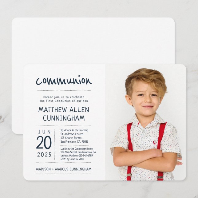 Invitation Garçon de la première communion| Moderne + Simple  (Devant / Derrière)