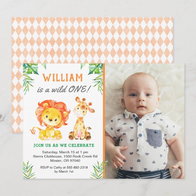 Invitation Garçon de premier anniversaire Safari Premier Anni (Devant / Derrière)