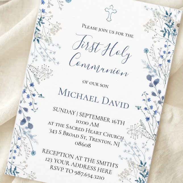 Invitation garçon de première communion aquarelle bleu verdur (Créateur téléchargé)