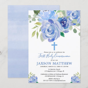 Invitation Garçon de première communion bleu aquarelles flora