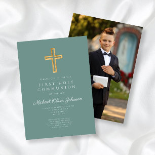 Invitation Garçon de première communion photo croix élégante 