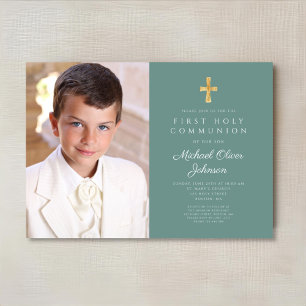 Invitation Garçon de première communion photo vert élégant