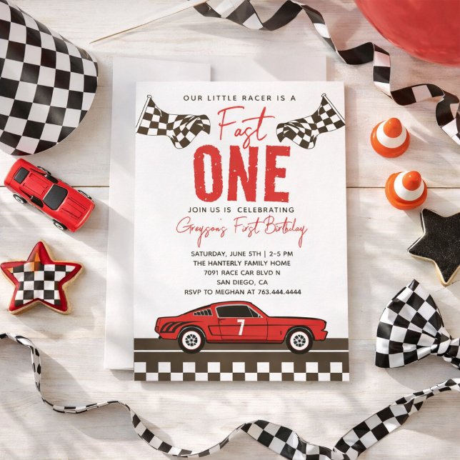 Invitation Garçon de voiture de course rapide un 1er annivers (Fast One Race Car Boy 1st Birthday Party Invitation
)