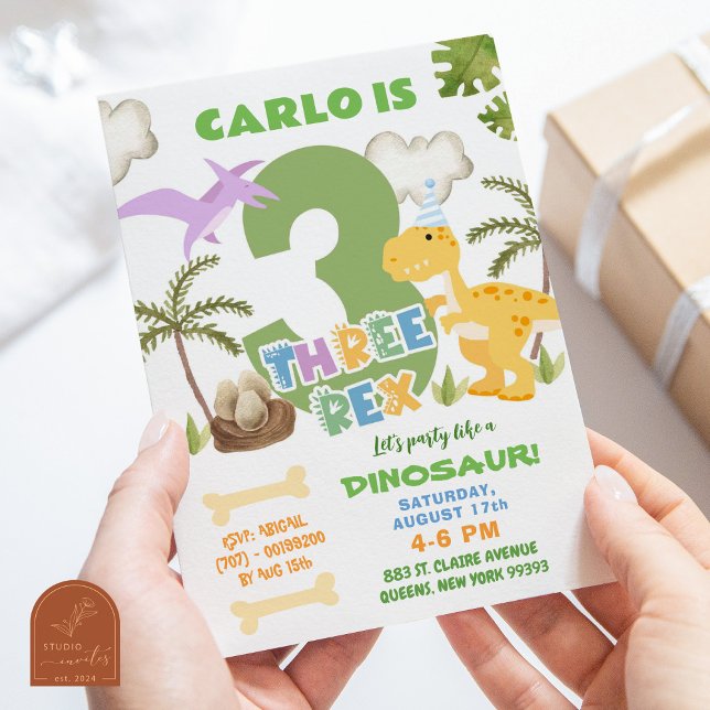 Invitation Garçon dinosaure pastel trois Rex fête d'anniversa (Créateur téléchargé)