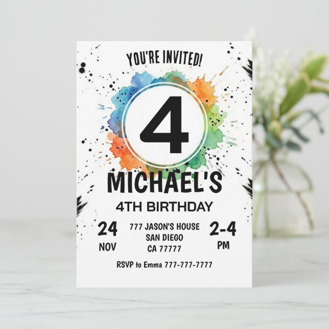 Invitation Garçon éclaboussure aquarelle 4e anniversaire (Debout devant)