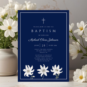 Invitation Garçon élégant baptême de fleurs sauvages bleues