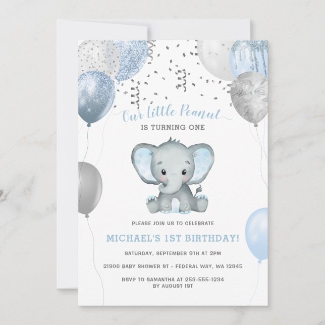 Invitation Garçon Elephant Aquarelle Ballons 1er Anniversaire (Devant)
