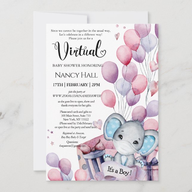 Invitation Garçon Elephant Ballons rose Baby shower virtuel (Devant)