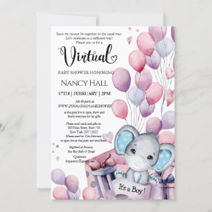 Invitation Garçon Elephant Ballons rose Baby shower virtuel