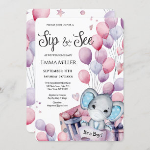 Invitation Garçon Eléphant Ballons rose Bébé Sip et voir