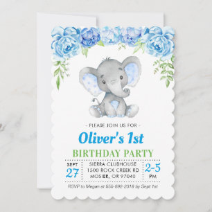 Invitation Garçon éléphant bleu 1er Premier 2ème anniversaire