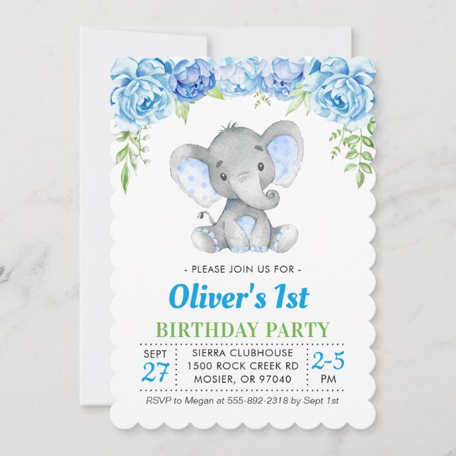 Invitation Garçon éléphant bleu 1er Premier 2ème anniversaire (Devant)