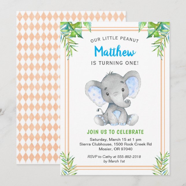 Invitation Garçon éléphant bleu orange Anniversaire Petit Gen (Devant / Derrière)