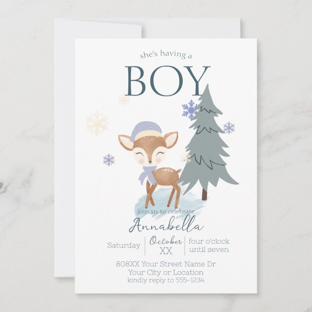 Invitation Garçon Faon de Bébé Hiver Mignon (Devant)