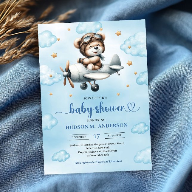 Invitation Garçon Fête de Naissance Ours en Peluche Pilote Bl (Trendy Boy Shower Invite Teddy Bear Pilot Blue Brown

)