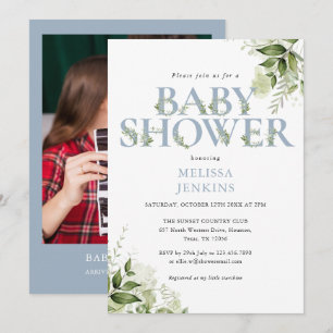 Invitation Garçon Feuillage Verdure Bleu Poussiéreux Photo Ba