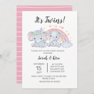 Invitation Garçon fille aquarelle Elephants Baby shower jumea