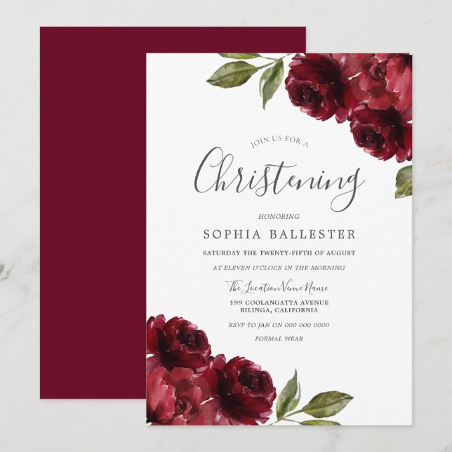 Invitation Garçon Fille Bourgogne Fleurs rouges Christening B (Devant / Derrière)