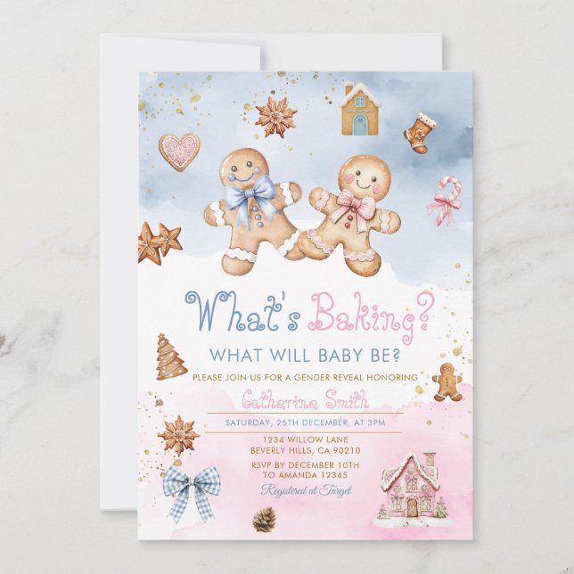 Invitation Garçon Fille Cookies Gingembre Rose Bleu Hiver  (Devant)