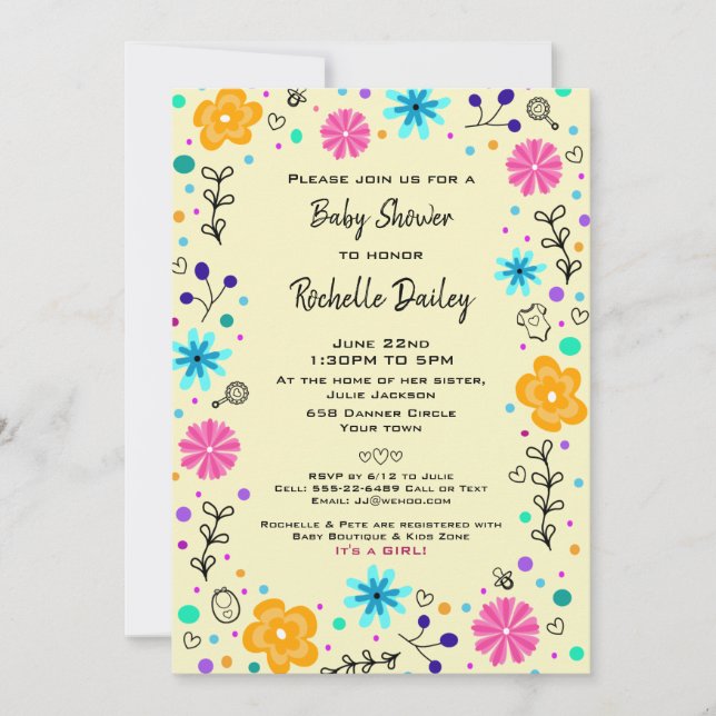 Invitation Garçon fille Floral Jaune mignonne Baby shower Inv (Devant)