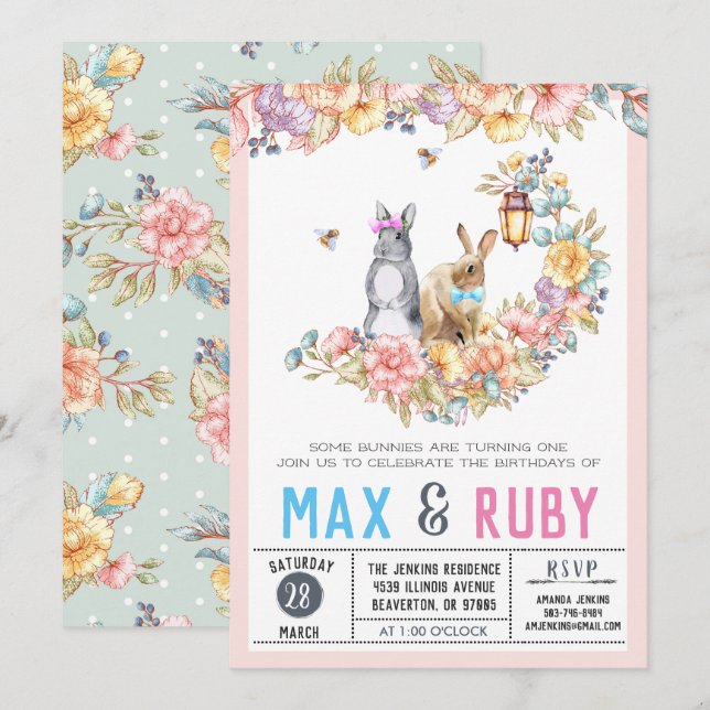 Invitation Garçon & Fille Petit Lapin Printemps Anniversaire (Devant / Derrière)