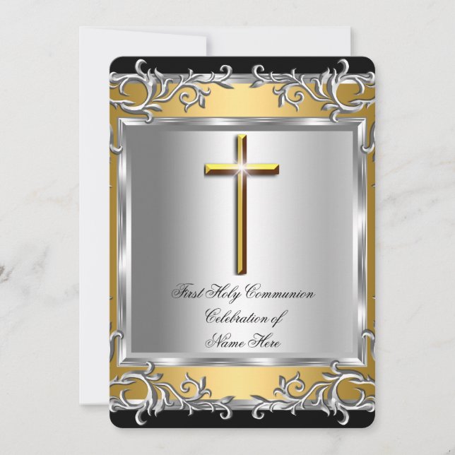 Invitation Garçon Fille Première Sainte Communion Argent Or 2 (Devant)